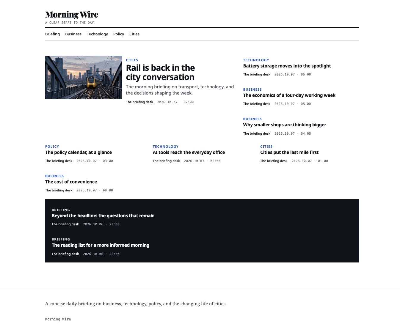 Morning Wire — full-page Bulletin theme preview.
