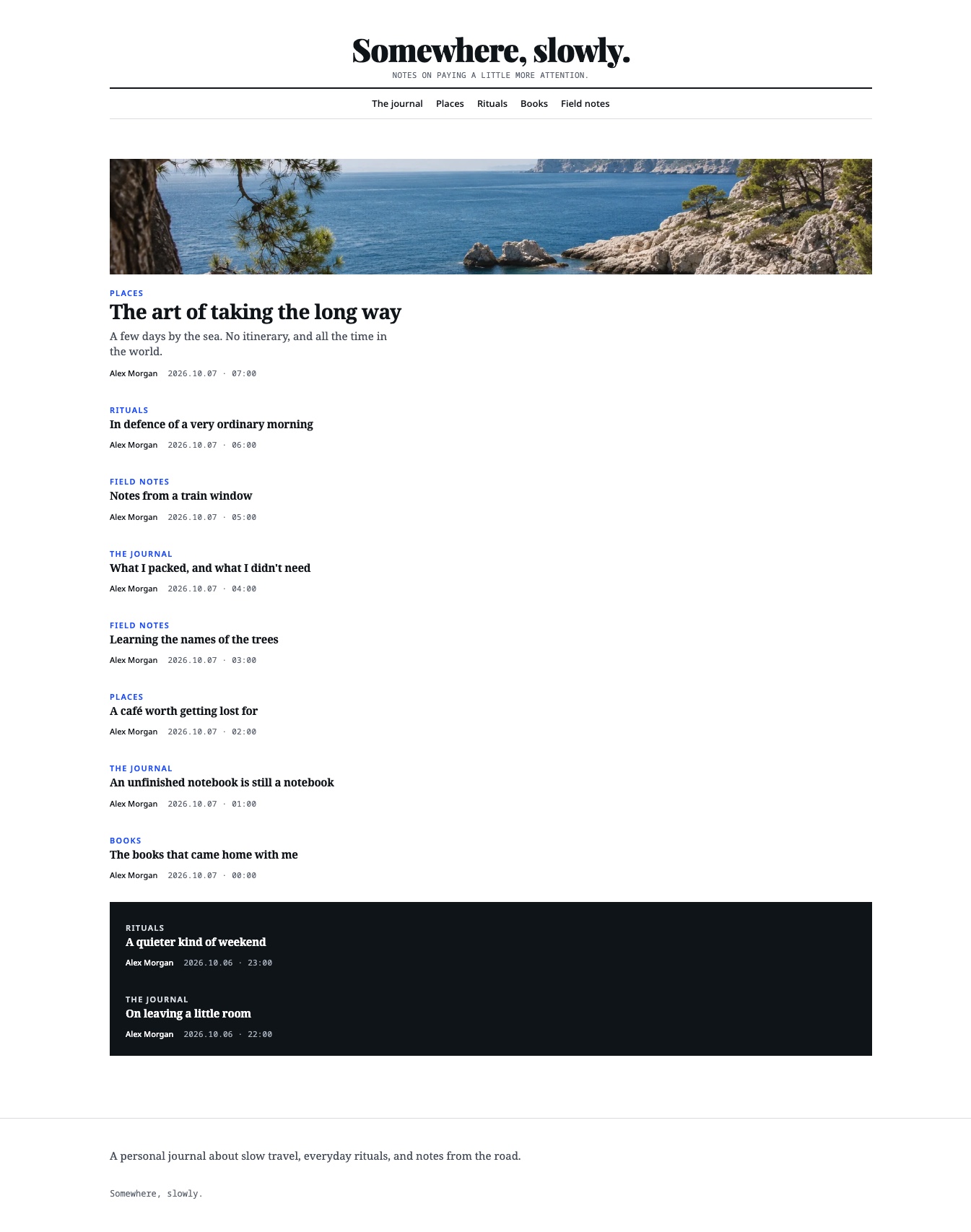 Somewhere, slowly. — full-page Journal theme preview.