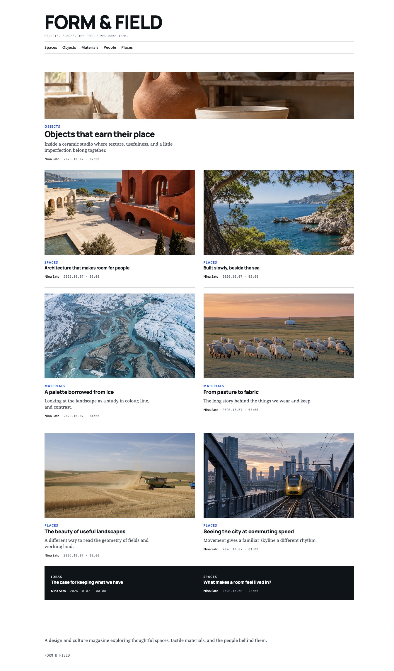 FORM & FIELD — full-page Magazine theme preview.