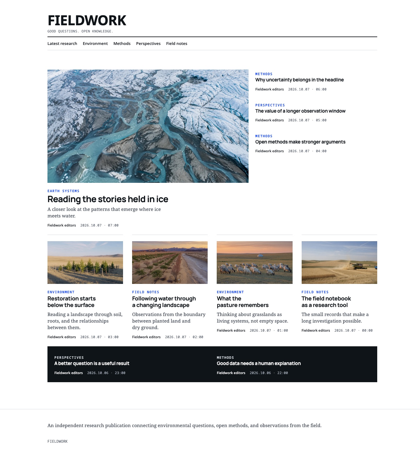 FIELDWORK — full-page Research theme preview.